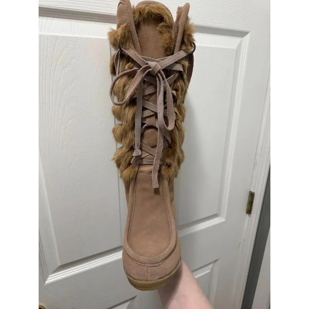 Arleen C Size‎ 8 Suede Sheepskin Rabbit Fur Ski Wedge Boots Tan Knee High Winter